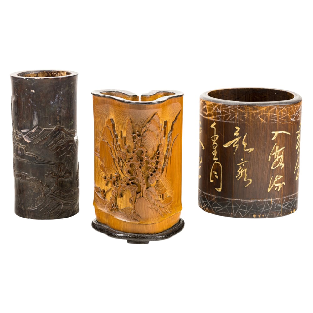 (lot of 3) Chinese carved bamboo brush pots: (lot of 3) Chinese carved bamboo brush pots. 6" high.