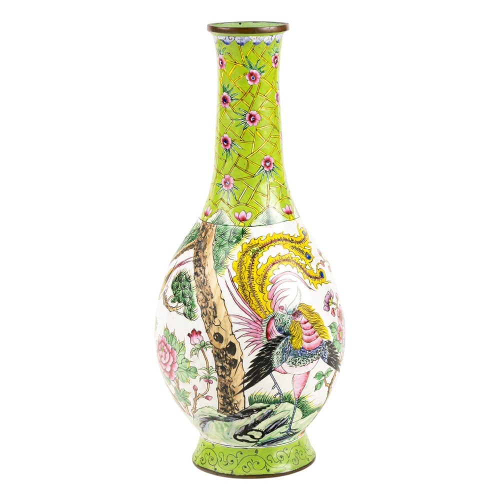 A Chinese painted enamel vase: A Chinese painted enamel vase. Featuring birds and floral motif, 10.25" high.