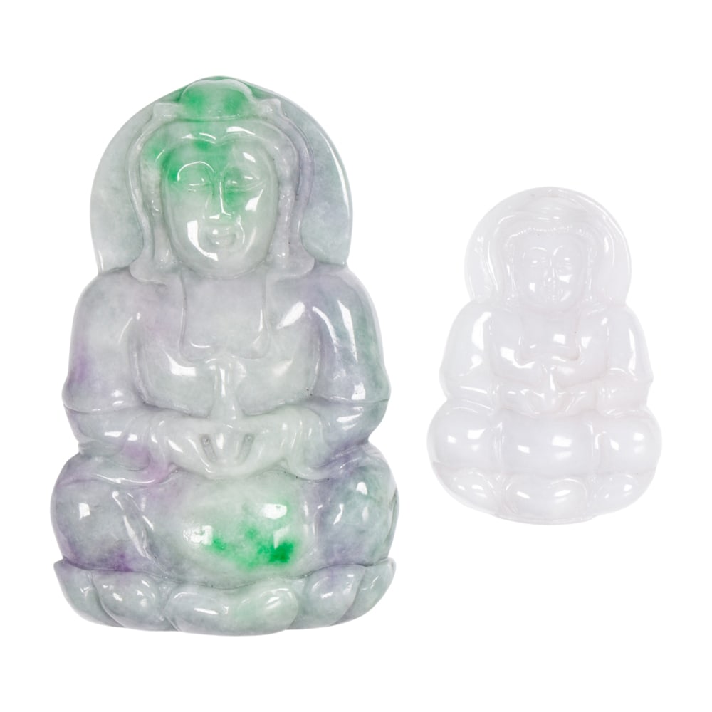 (lot of 2) Chinese jadeite Guanyin pendants: (lot of 2) Chinese jadeite Guanyin pendants. From 2" to 3.5" across.