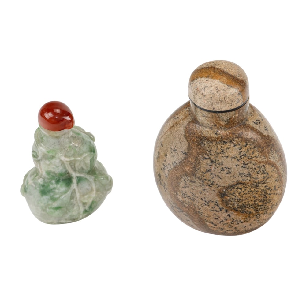 (lot of 2) Chinese stone snuff bottles: (lot of 2) Chinese stone snuff bottles. From 2.5" to 3" across.