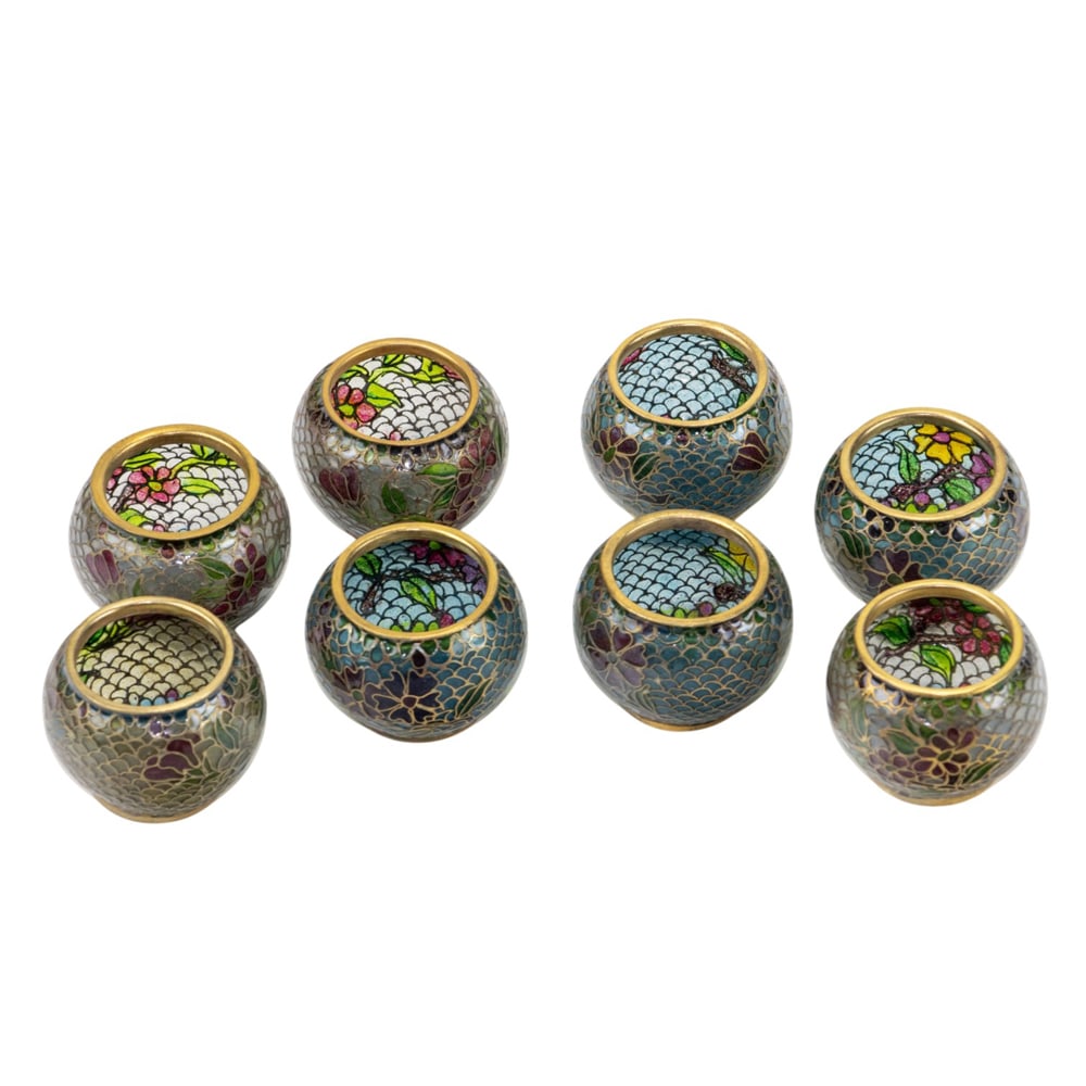 (lot of 8) Chinese champleve enamel salt cellars: (lot of 8) Chinese champleve enamel salt cellars. Featuring floral motif, 1.625" across.