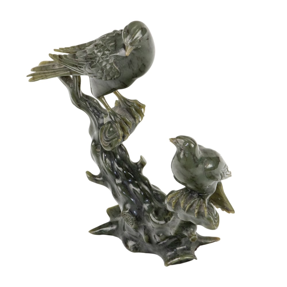 A Chinese spinach jade carving: A Chinese spinach jade carving. Featuring two birds perched on a tree branch, 20th century, 5.5" high.