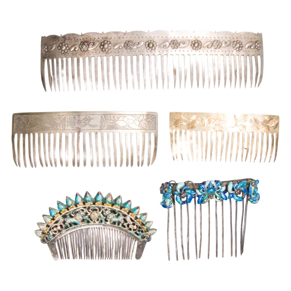 (lot of 5) Chinese silver and enameled hairpines: (lot of 5) Chinese silver and enameled hairpines. Featuring floral motif, Republic period, 6.875" across.