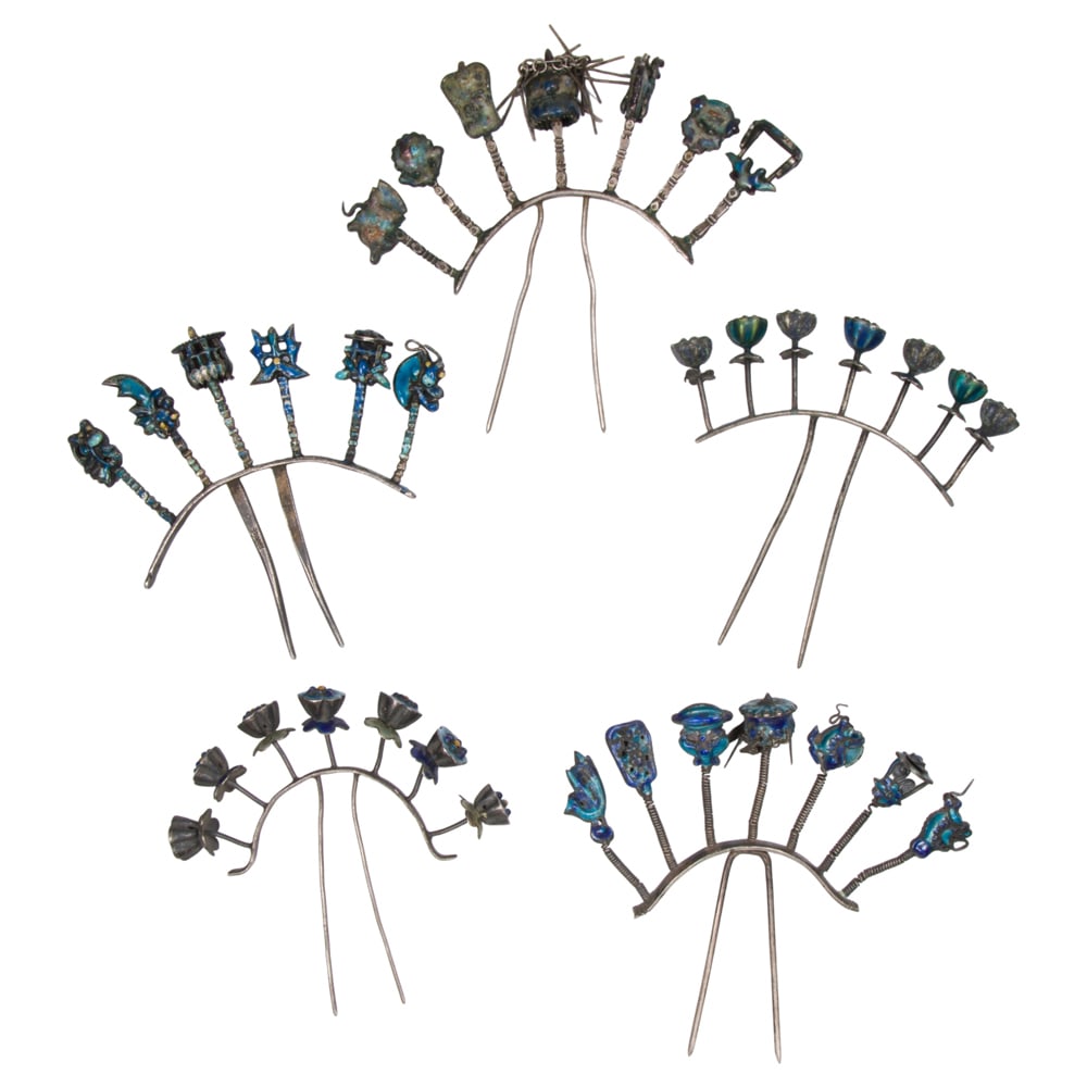 (lot of 5) Chinese silver enameled hairpins: (lot of 5) Chinese silver enameled hairpins. Featuring floral design, Republic period, from 3.5" to 4.75" across.