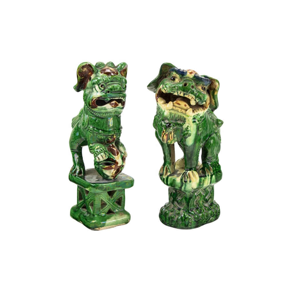 (lot of 2) Chinese green glazed lions: (lot of 2) Chinese green glazed lions. 20th century, 9" high.