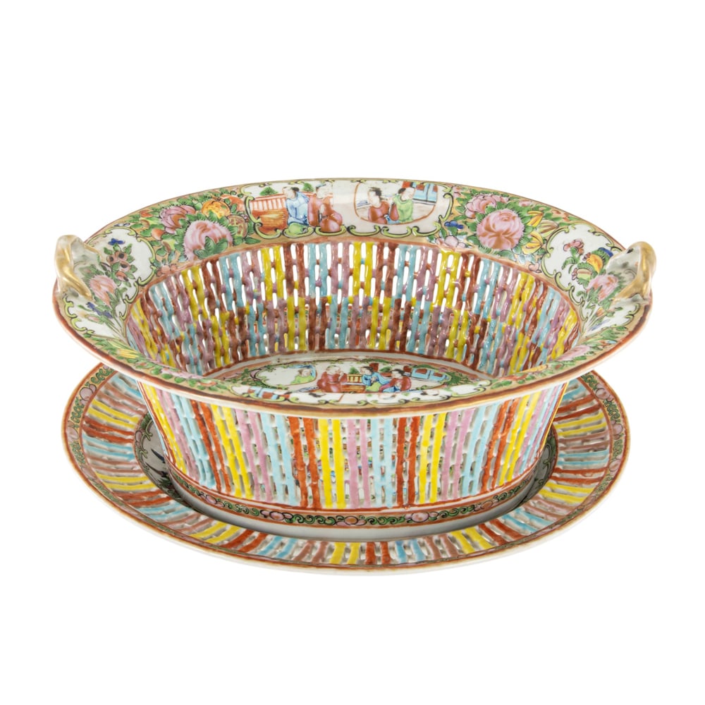 A set of two Canton rose medallion fruit bowl and try: A set of two Canton rose medallion fruit bowl and try. Featuring floral motif, 19th century, 11.25" across.