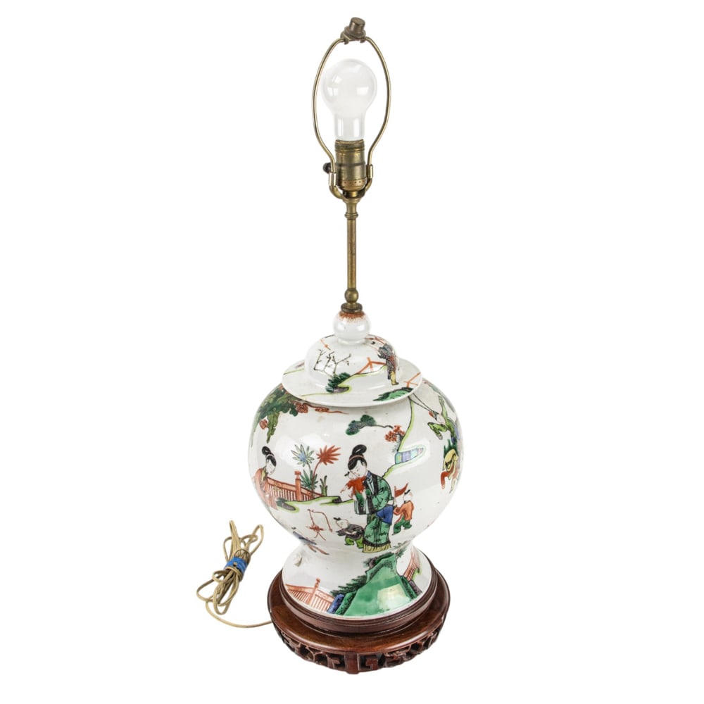 A Chinese famille verte lidded jar lamp (1 of 1)