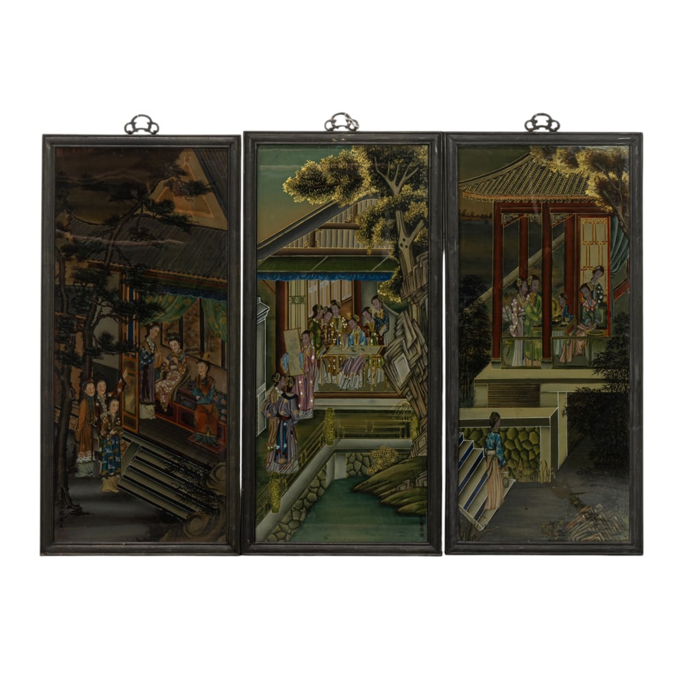 (set of 3) Chinese reverse painted glass hanging panels: (set of 3) Chinese reverse painted glass hanging panels. 19th-20th century, 37"h x 17.5"w.