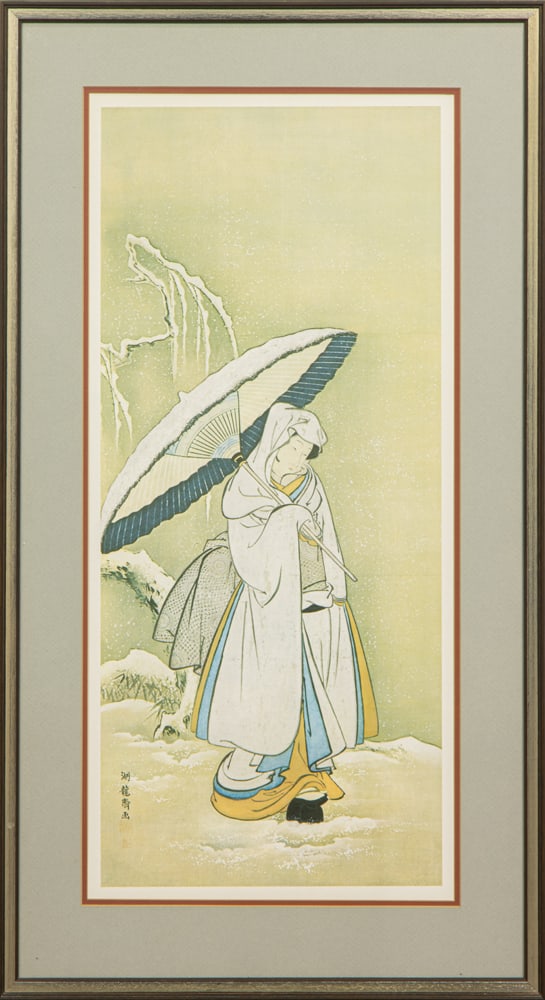 After Isoda Koryusai (1735-1790) Winter, from Beauty of the Seasons: After Isoda Koryusai (1735-1790) Winter, from Beauty of the Seasons. Offset lithograph, framed and glazed, 34"h x 18.5"w overall.