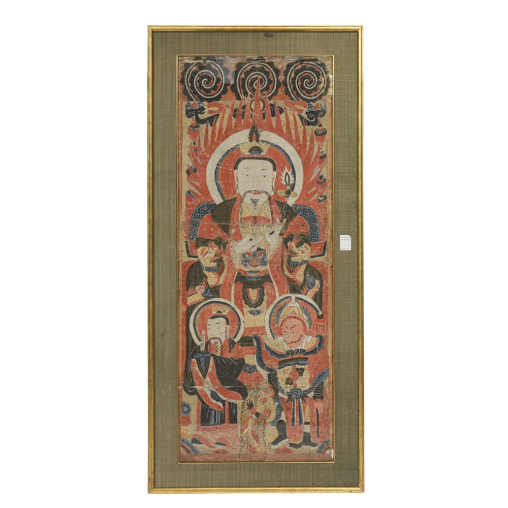 A Chinese Yao ceremonial temple painting: A Chinese Yao ceremonial temple painting. Ink and color on paper, 19th century, framed and glazed, 46"h x 17.5"w excluding the frame.