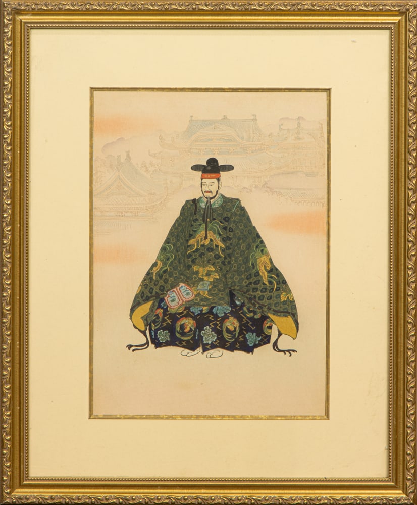 Tsukioka Kogyo (1860-1972) - Tsuru Kame: Tsukioka Kogyo (1860-1972) - Tsuru Kame. Woodblock print, ink and color on paper, from the series 'One Hundred Noh Dramas', framed and glazed, 13.375"h x 10"w of the image.