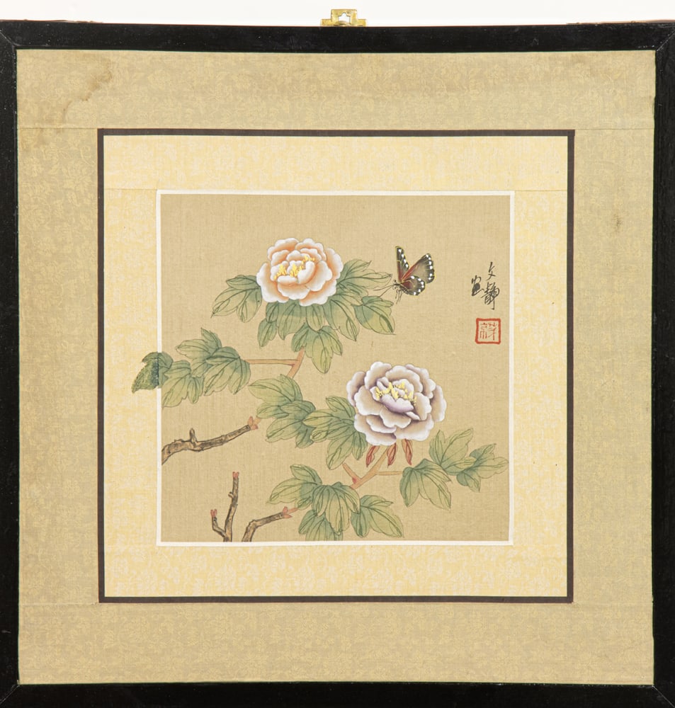 A Chinese watercolor painting: A Chinese watercolor painting. Ink and color on silk, signed and sealed, mounted and framed, 8"h x 8"w of the image.