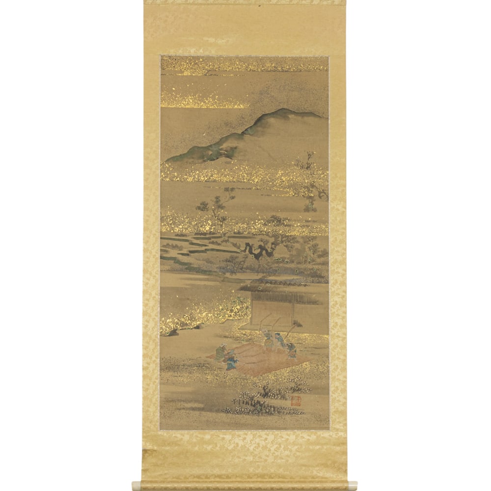 (lot of 2) Japanese watercolor painting: (lot of 2) Japanese watercolor painting. Hanging scrolls, ink and color on silk, each depicting a rice production scene, 41"h x 18.5"w.