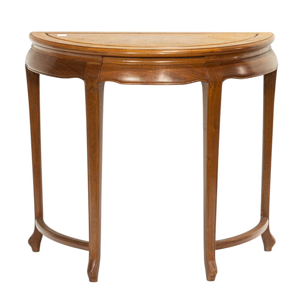 A Chinese rosewood demi-lune table: A Chinese rosewood demi-lune table. 20th century, 32"h x 34.5"w x 18"d.