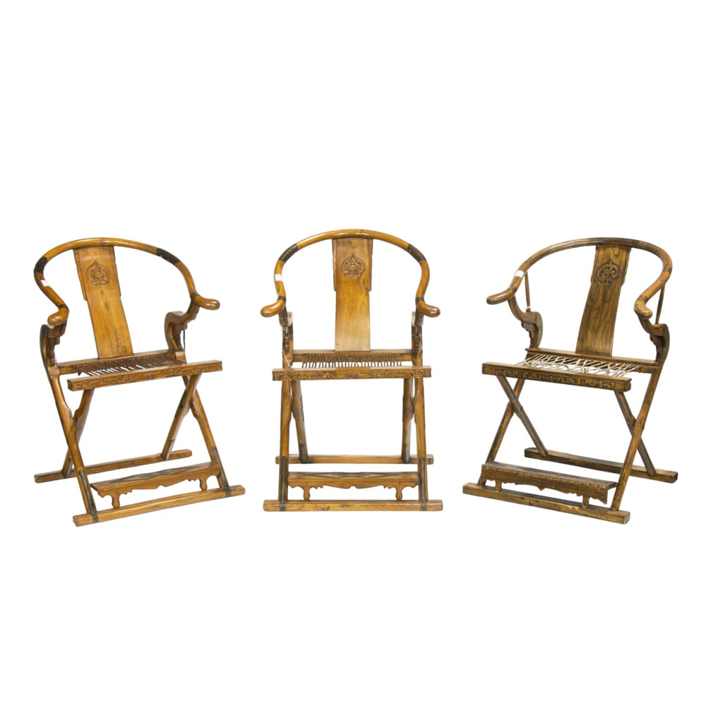 (lot of 3) Chinese elm folding armchairs: (lot of 3) Chinese elm folding armchairs. 20th century, 40.5"h x 28"w.