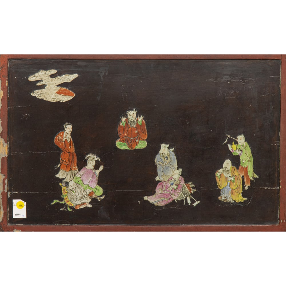 A Chinese wood lacquered and porcelain-inlaid figural panel (1 of 1)