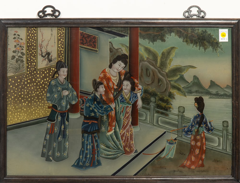 A Chinese reverse-painted glass figural panel: A Chinese reverse-painted glass figural panel. 20th century, 23.25" h x 34"w.