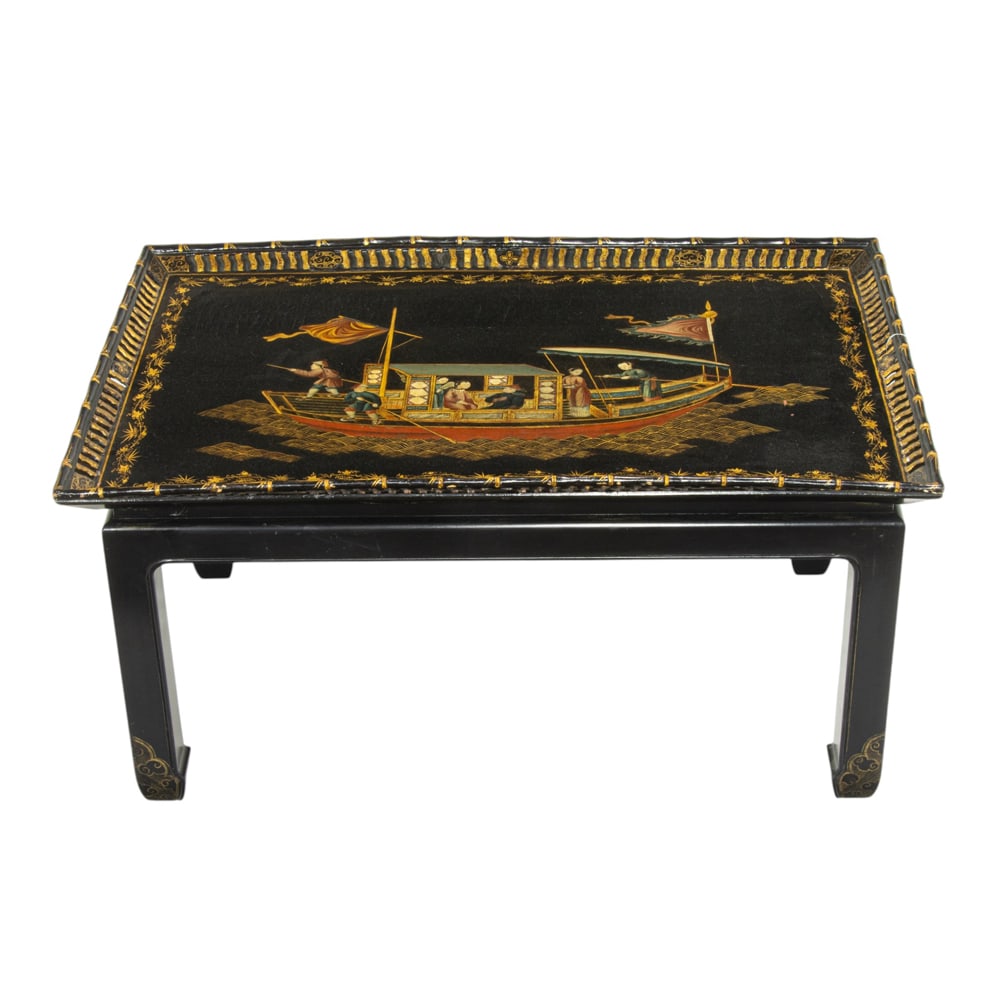 A Chinoiserie tray table: A Chinoiserie tray table. Early 20th century, 18"h x 36"w x 22.5"d.
