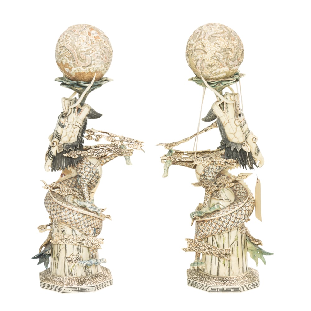 A pair of Chinese carved and pieced bone dragons. 20th century: A pair of Chinese carved and pieced bone dragons. 20th century, 29.5" high. Provenance: A private collection, Russian Hill, San Francisco, from the storied Gold Coast residence known as "House of Gran
