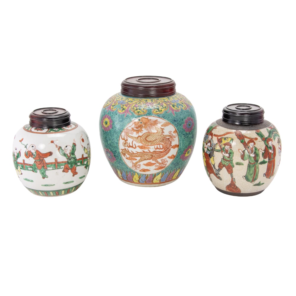 (lot of 3) Chinese famille rose and famille verte covered jar: (lot of 3) Chinese famille rose and famille verte covered jar. Featuring children, dragon, and warrior motif, late 19th century, from 5.25" to 7" high.