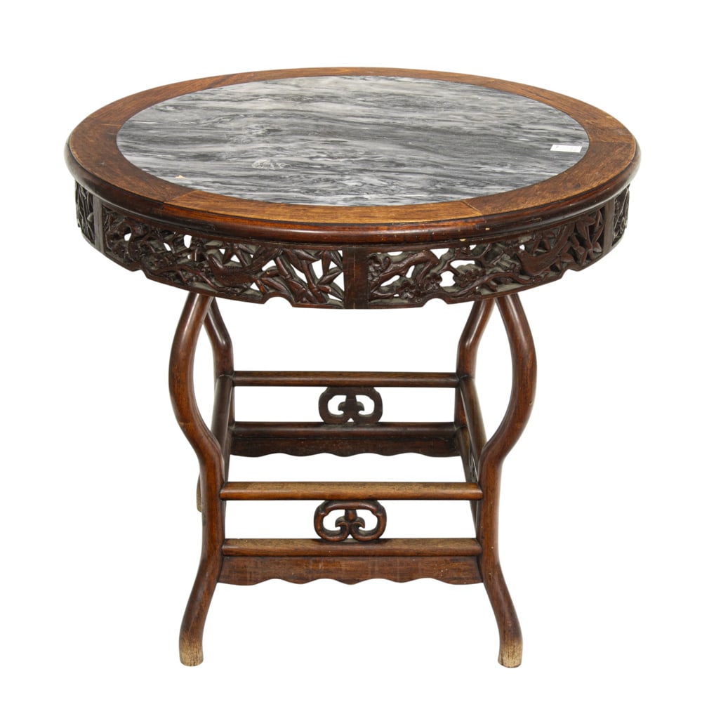 A Chinese rosewood circular table with marble top: A Chinese rosewood circular table with marble top. Republic period, 32"h x 35.5"w.