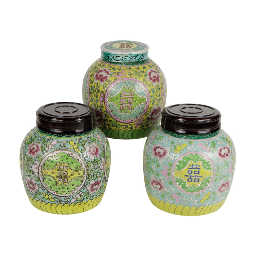 (lot of 3) Chinese famille rose 'double happiness' covered jars: (lot of 3) Chinese famille rose 'double happiness' covered jars. Early 20th century, 7.625" tallest.