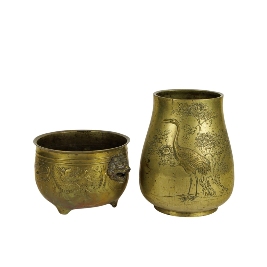 (lot of 2) Chinese bronze vessels: (lot of 2) Chinese bronze vessels. Featuring crane and dragon motif, from 5.625" to 9.625" high.