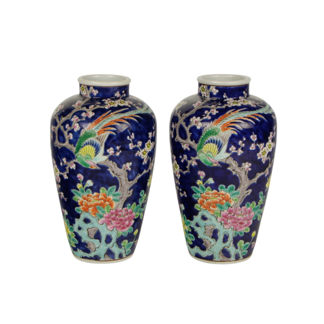 (lot of 2) Japanese famille rose vases: (lot of 2) Japanese famille rose vases. Featuring birds and floral motifs, 9.75" high.