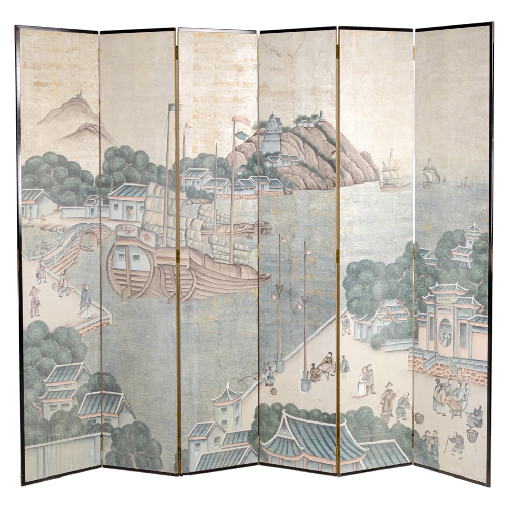 A Chinese painted six-panel folding screen: A Chinese painted six-panel folding screen. Depicting coastal village with figures, architectural compounds, trees, and sailing vessels, 84"h x 95.75"w.