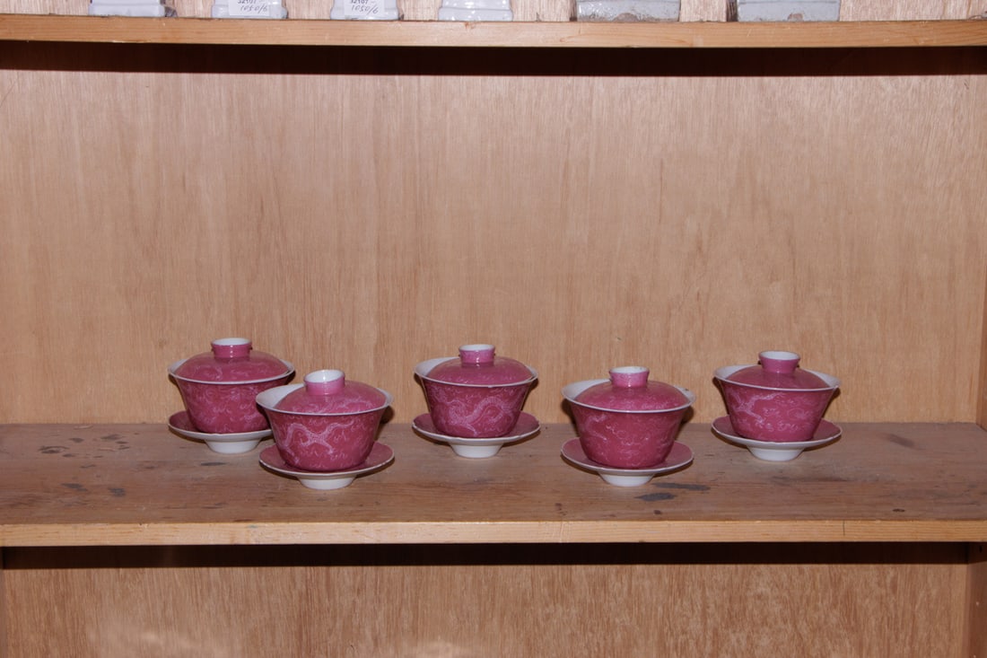 (lot of 5) Chinese enameled and incised 'dragon' tea cups: (lot of 5) Chinese enameled and incised 'dragon' tea cups. Early 20th century, 4.125" wide.