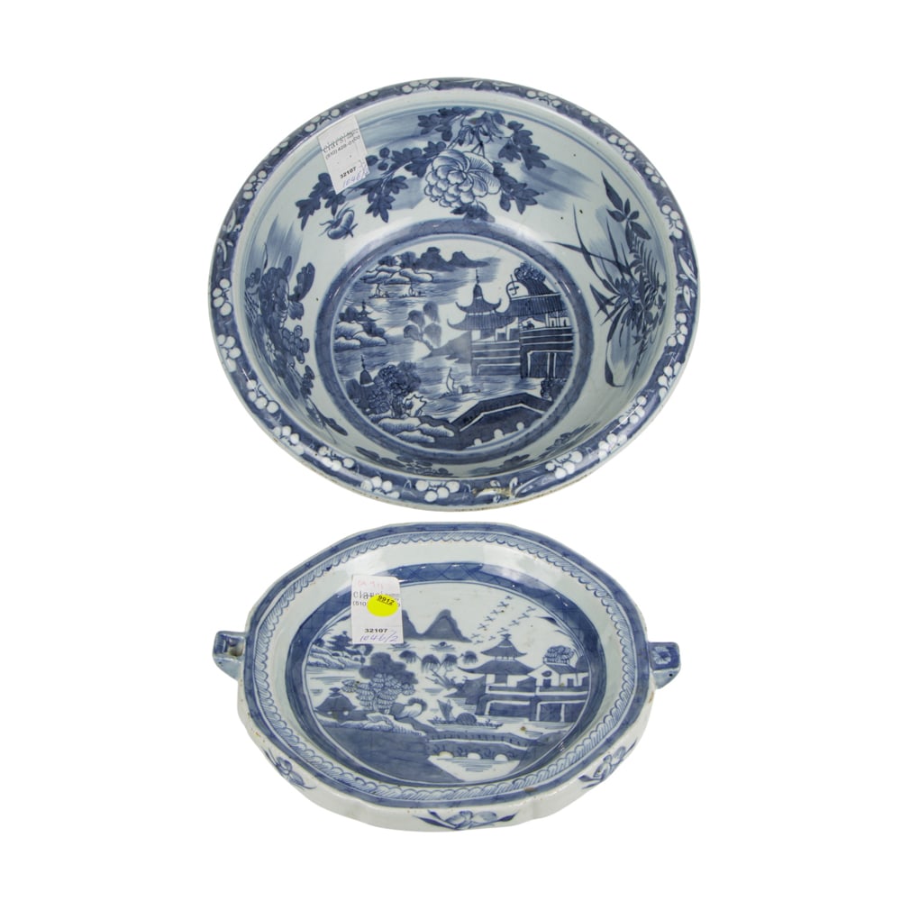(lot of 2) Chinese export blue and white wash basin and hot water warming plate: (lot of 2) Chinese export blue and white wash basin and hot water warming plate. Featuring landscape design, late 19th century, 10.75" to 13.75" across.