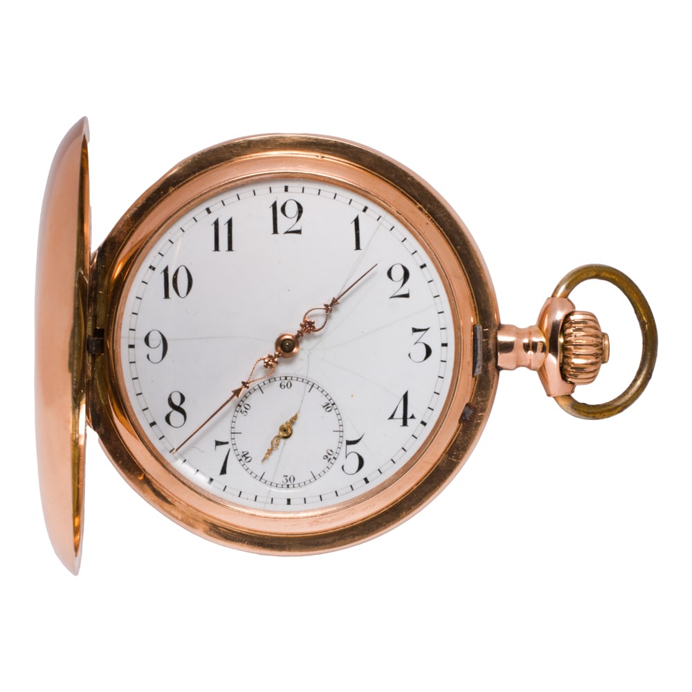 An antique British 14k gold pocket watch: An antique British 14k gold pocket watch Case no.: 66713The white face, black Arabic indices, gold Louis XIV hands, subsidiary dial, within polished 14k gold case, containing a manual movement with ba
