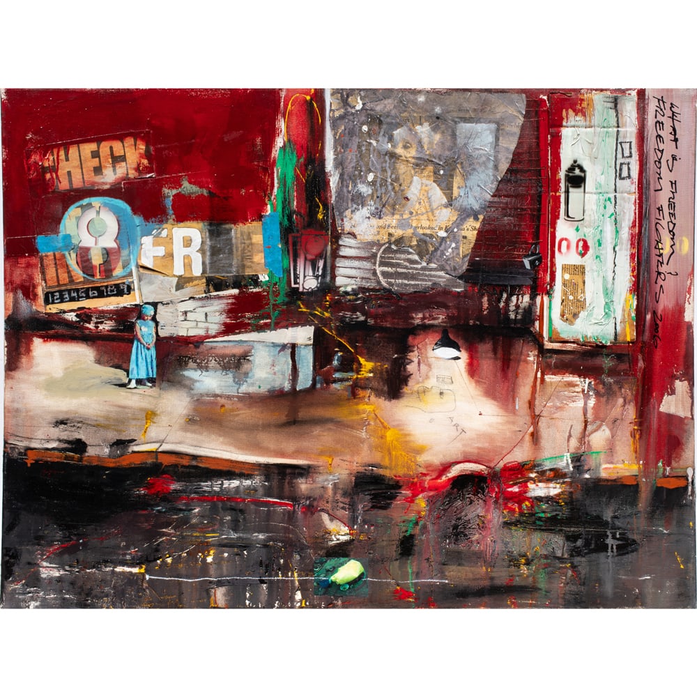 Mixed media, Marcus Jansen: Marcus Jansen (American, b. 1968), "Red Streets," 2006, mixed media, signed, titled and dated verso and inscribed "What is Freedom? Freedom Fighters" upper right, canvas (unframed): 30"h x 40"w