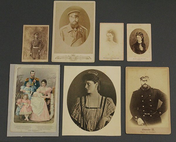 Russian Imperial Carte de Vistes: (lot of 7) Russian Imperial Carte de Vistes consisting of (6) photographic portraits including those of Tsars Alexander II and III, Tsarina Maria Alexandrovna, Tsarina Alexandra Fedorovna as well as a