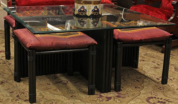 McGuire style faux bamboo coffee table and occasional: (lot of 5) McGuire style faux bamboo coffee table and occasional stools, the bevelled glass top above an X form base flanked with the four stools having silk cushions and rising on conjoined faux bamb