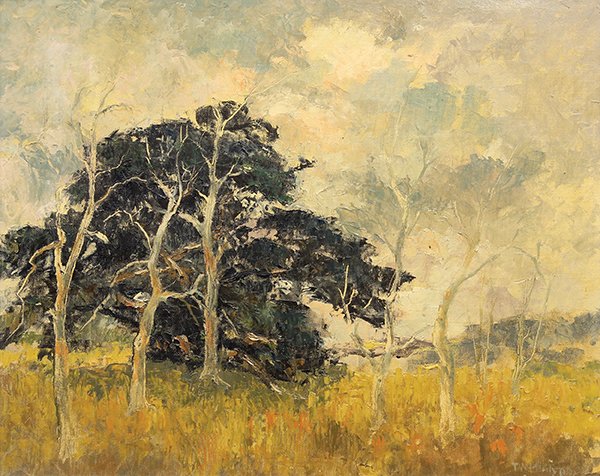Painting, Thomas McGlynn, Pebble Beach: Thomas Arnold McGlynn (Californian, 1878-1966), Pebble Beach, California, oil on board, signed lower right, board: 16"h x 20"w, overall (with frame): 24.75"h x 28.75"w
