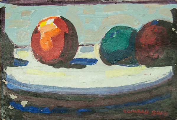 Painting, Conrad Buff, Still Life with Fruit: Conrad Buff (American/Swiss, 1886-1975), Still Life with Fruit, oil on board, signed lower right, estate stamp verso, board: 6.5"h x 9.5"w, overall: 9"h x 11.5"w