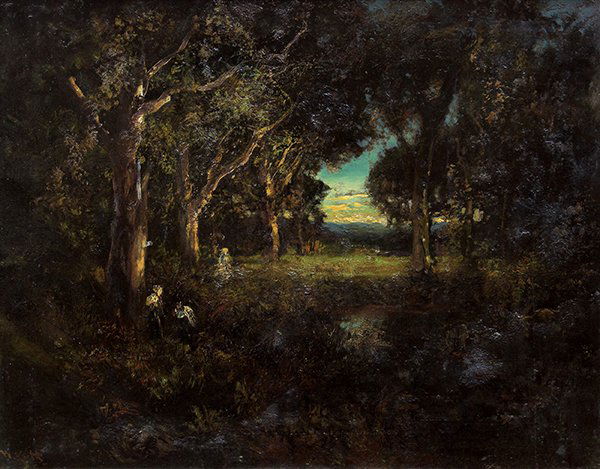Painting, William Keith, Sunset by the Pond: William Keith (Californian, 1838-1911), Sunset by the Pond, oil on canvas, signed lower left, sight: 21.5"h x 27.5"w, overall (with frame): 30.5"h x 36.5"w. Provenance: Estate of Elizabeth Sutro (Napa