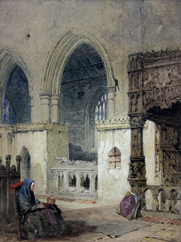 Watercolor, John Skinner Prout, Nun Sitting Inside: John Skinner Prout (British, 1806-1876), Nun Sitting Inside Cathedral, watercolor, signed lower right, sight: 13''h x 9.75''w, overall (with frame): 21''h x 17.5''w