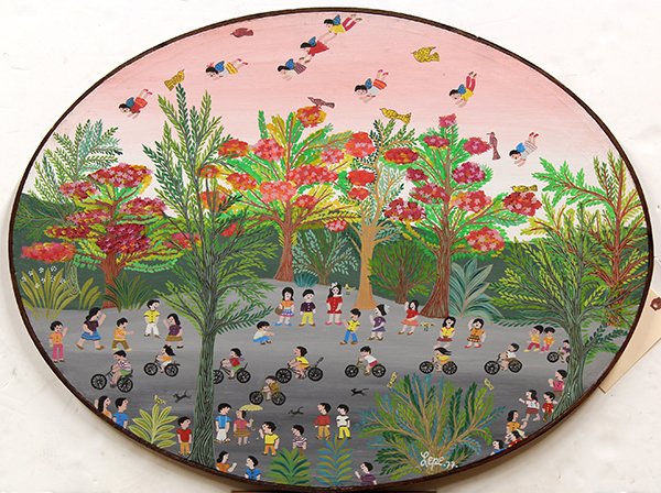 Painting, Manuel Lepe, Children in the Park, 1977: Manuel Lepe (Mexican, 1936-1984), "Children in the Park," 1977, oil on canvas, signed and dated lower right, canvas (oval, unframed): 26"h x 33"w