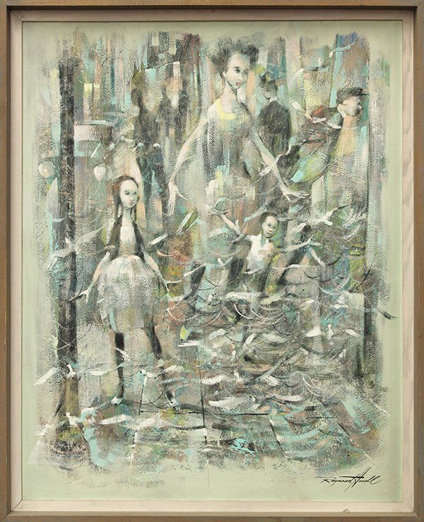 Painting, Raymond Howell, Dancers and Birds: Raymond Howell (Californian, 1927-2002), Dancers and Birds, oil on masonite, signed lower right, board: 30"h x 24"w, overall (with frame): 32.25"h x 26"w