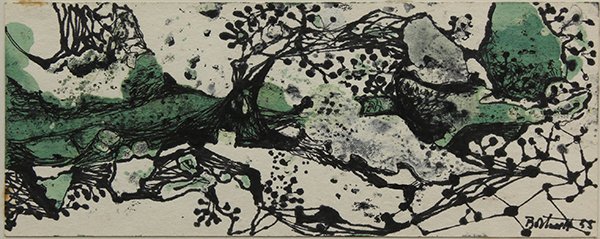 Drawing, Dorr Hodgson Bothwell, Abstract on Blotter,: Dorr Hodgson Bothwell (American, 1902-2000), Abstract on Blotter, 1955, colored ink on paper, signed and dated lower right, artist title label affixed verso, sight: 3.75''h x 9.5''w, overall (with fra