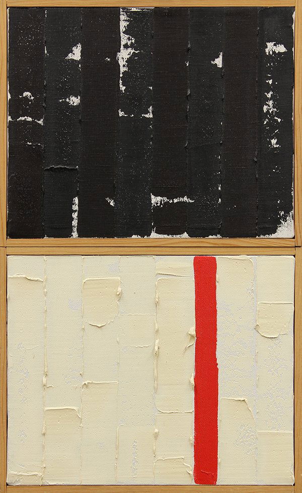 Jose Ramon Lerma: Jose Ramon Lerma (American, b.1930), Abstraction in Black, White + Red, 1977, oil on board, signed and dated verso, sight: 16.5''h x 10''w, overall (with frame): 17.25''h x 10.5''w. Note: Lerma's work