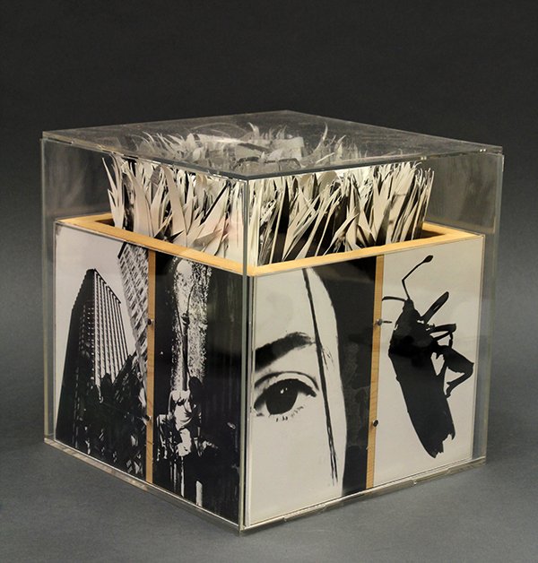 Sculpture, Svea Lin Vezzone, Black and White: Svea Lin Vezzone (American, contemporary), Black and White, wood, paper collage, and lucite box, overall: 9.75"h x 9.75"w x 9.75"d. Provenance: From the private collection of Jose Ramon Lerma (America