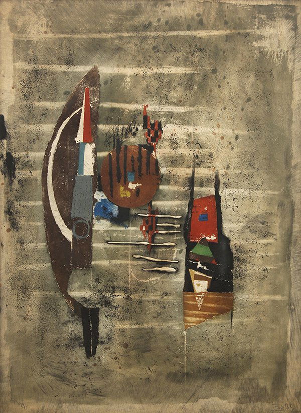 Print, Johnny Friedlander, Abstract: Johnny Friedlander (French, 1912-1992), Abstract, mixed media lithograph with intaglio, pencil signed lower right, edition 47/95, sight: 29.5"h x 21.25"w, overall: 34.5"h x 26.5"w