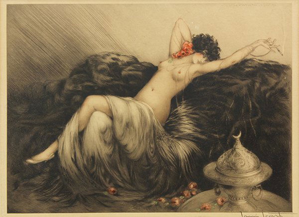 Print, Louis Icart, Smoke, 1925: Louis Icart (French, 1888-1950), Smoke, 1925, etching and aquatint with handcoloring, pencil signed lower right, published by aes Graveurs Modernes, Vienna, Austria, Page Waterman Gallery label verso,