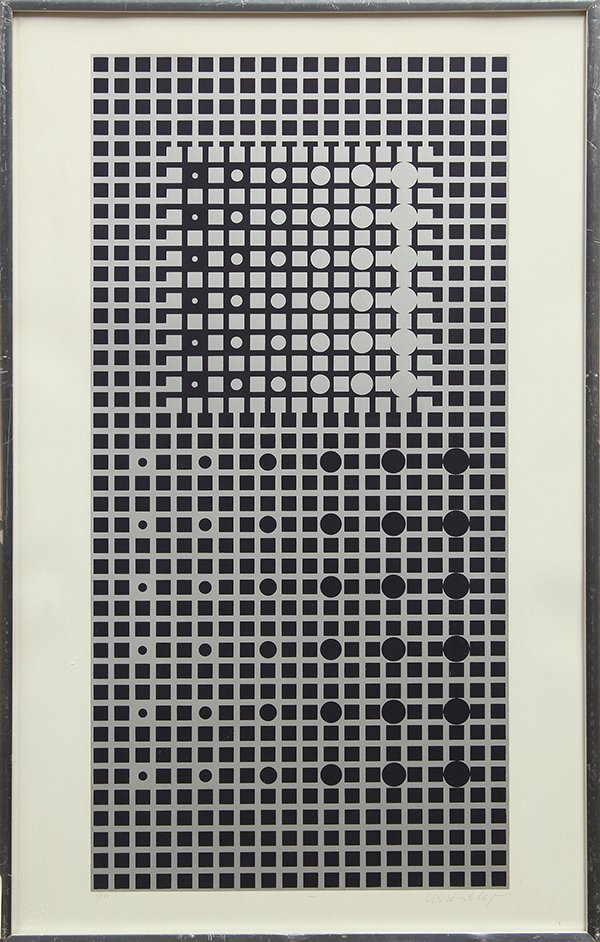 Print, Victor Vasarely, Black and Silver: Victor Vasarely (French/Hungarian, 1906-1997), Silver and Black, serigraph, pencil signed lower right, edition 15/150, published by Denise Rene, sight: 31"h x 19.25"w, overall: 32.25"h x 20.5"w