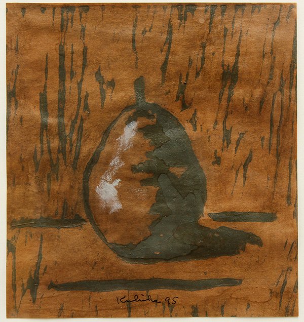 Woodcut, Robert M. Kulicke, ''Pear,'' 1995: Robert M. Kulicke (American, b. 1924), ''Pear,'' 1995, monotype on brown paper, signed and dated lower center, gallery title labels affixed verso, sheet: 5.625"h x 5.125"w, overall (with frame): 12.75