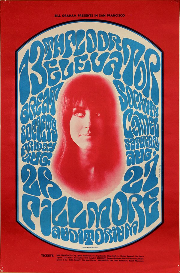 The Great Society Vintage Rock Poster: 13th Floor Elevator/Great Society/Sopwith Camel Concert Poster at the Fillmore Auditorium, 1966, presented by Bill Graham, designed by Wes Wilson, photograph of Grace Slick by Herb Green, overall (wit