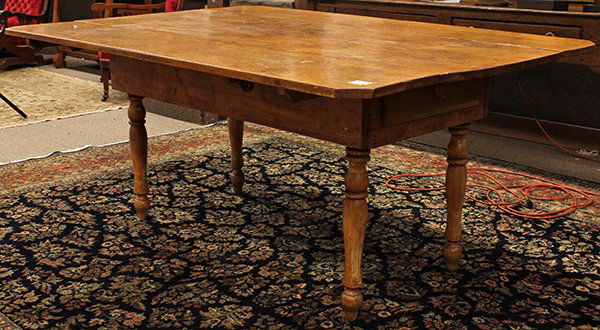 Country Primitive drop leaf dining table: Country Primitive drop leaf dining table, the rectangular top with two conforming drops centering the two drawers retaining original pulls, and rising on turned legs, 29"h x 66.5"w x 47"d (extended) P